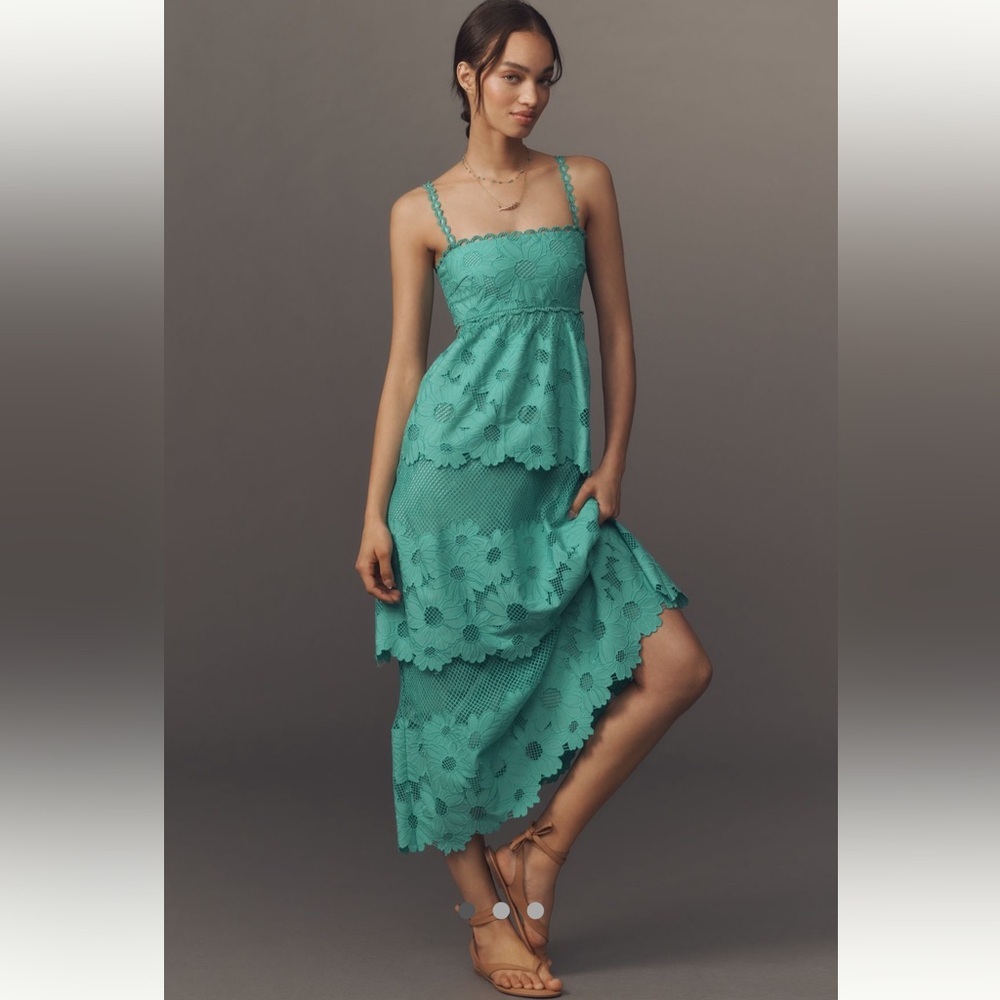 NEW🌟Anthropologie Saylor Elloise Eyelet Tiered Midi Dress Teal Size Large